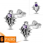 Amethyst CZ Thistle Stud Silver Earrings, e342